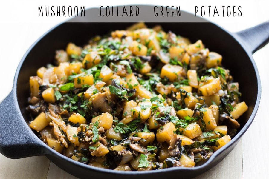Mushroom Collard Green Potatoes in a black pan.