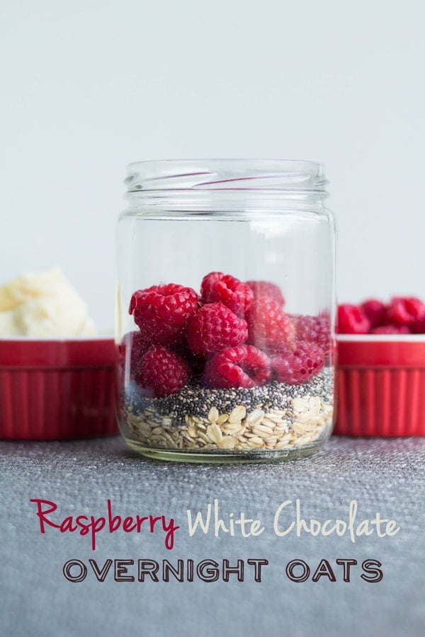 Dry ingredients for Raspberry White Chocolate Overnight Oats in a mason jar.