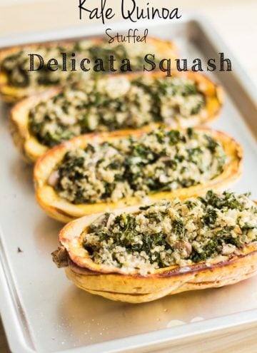 Vegetarian Stuffed Delicata Squash on a baking tray with text overlay.
