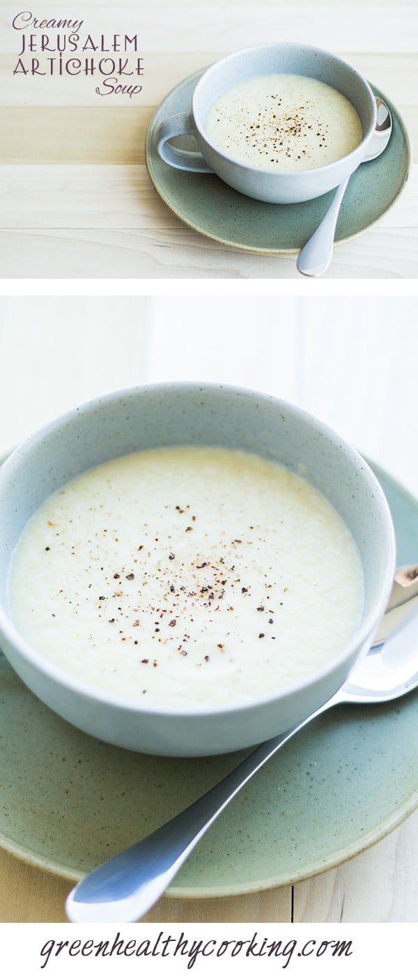 Collage of Creamy Jerusalem Artichoke Soup images with text overlay for Pinterest.