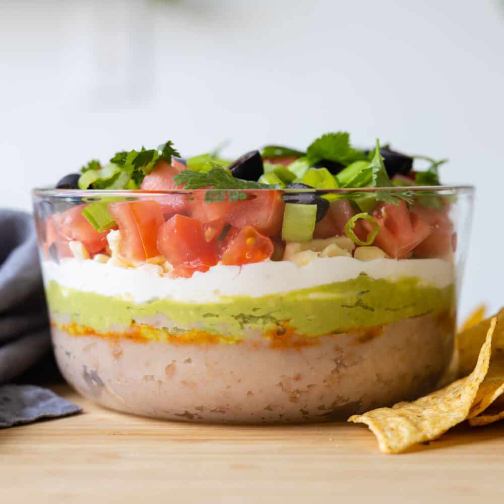 Simple 7-Layer Dip shown at 90 degree angle to show layers and colors.