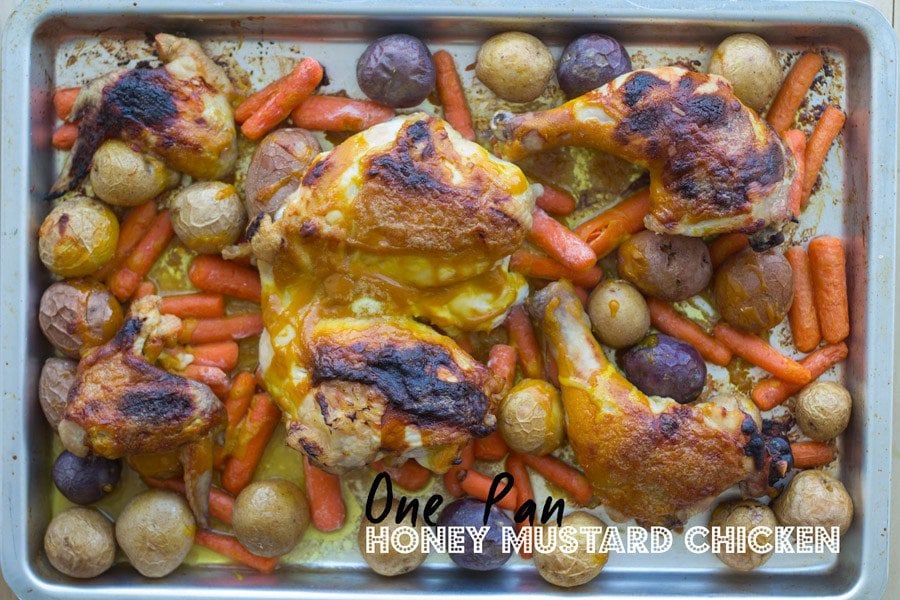 Honey Mustard Chicken on a baking pan with text overlay.