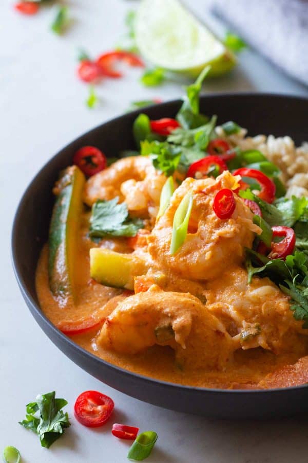 Closeup of texture of Coconut Shrimp Curry.