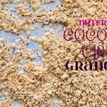 Nutfree Coconut Chia Granola laid out on a sheet pan with text overlay.