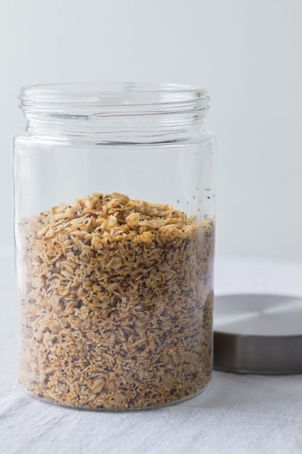 Nutfree Coconut Chia Granola in an open glass jar.