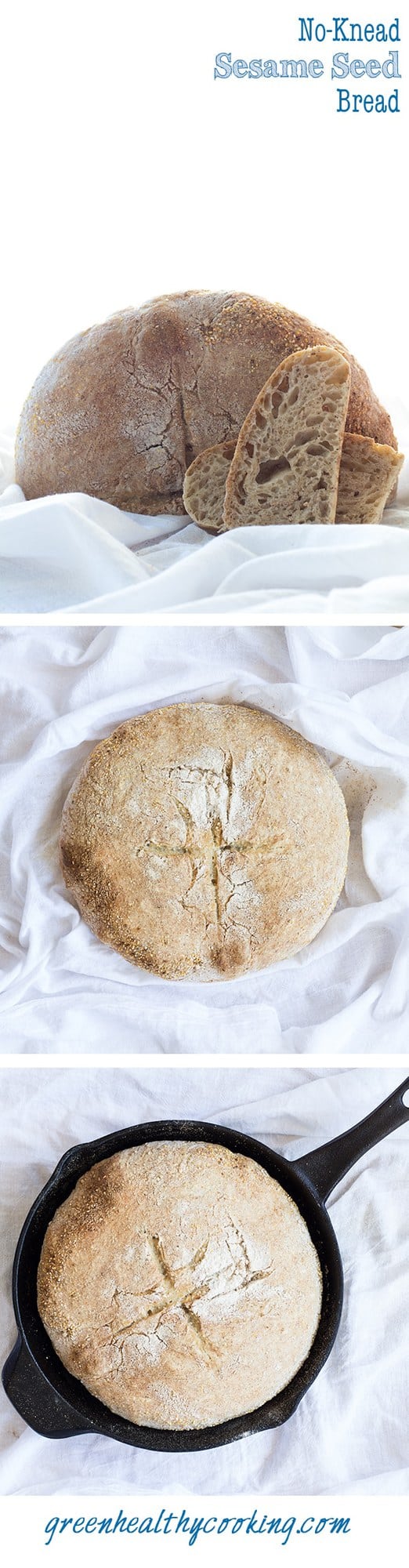 Collage of No-Knead Sesame Seed Bread images with text overlay for Pinterest.