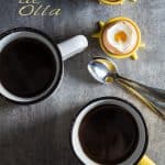 Top view of two cups of Cafe de Olla, two eggs in a cup and text overlay.