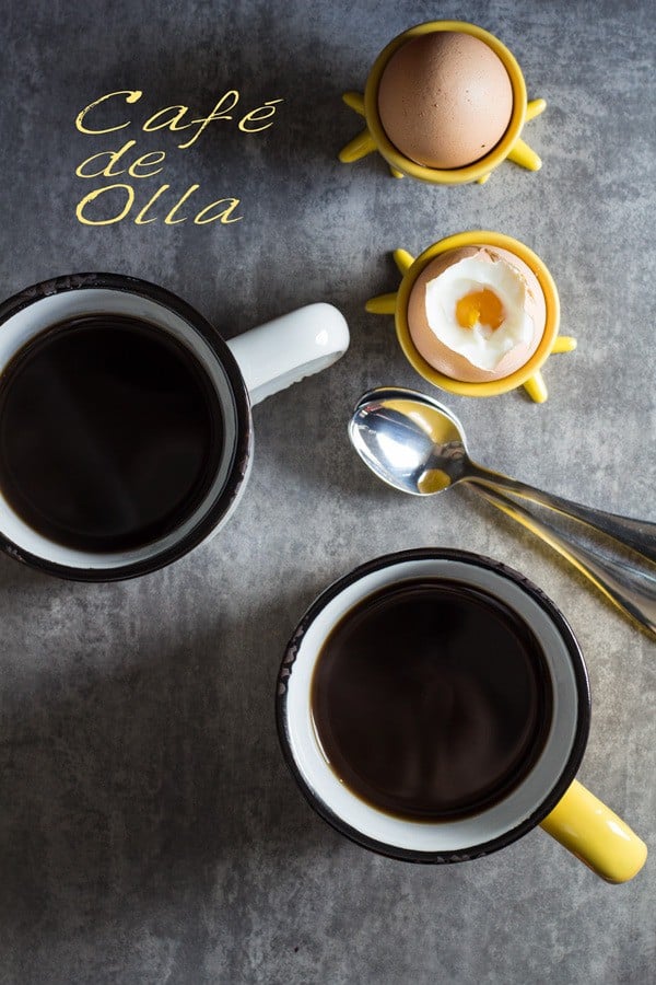 Top view of two cups of Cafe de Olla, two eggs in a cup and text overlay.