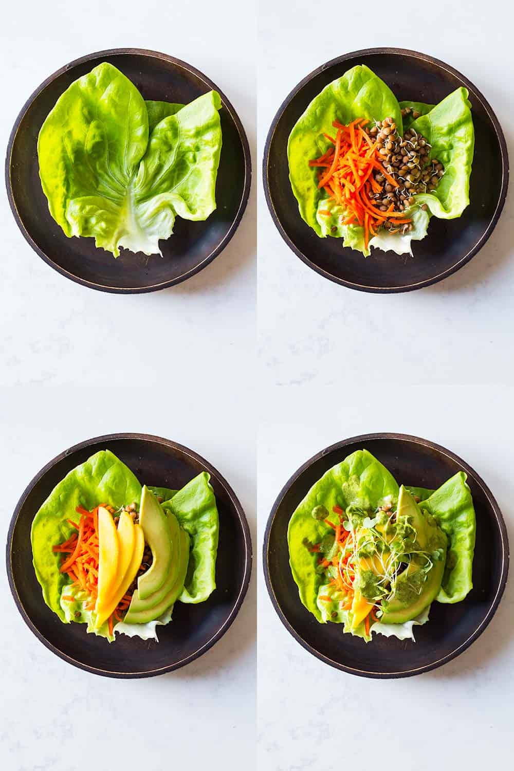Step-by-step how-to instructions to build a vegan lettuce wrap.