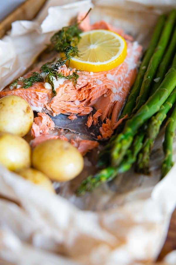 Closeup texture of baked salmon.