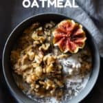 Carrot Cake Oatmeal in a grey bowl and title as text overlay for Pinterest.