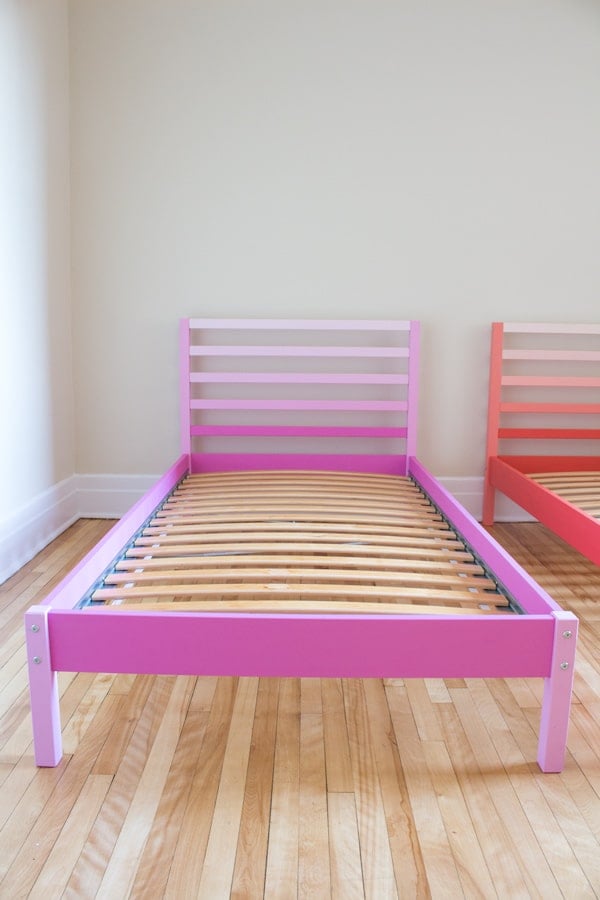 Ikea Tarva Bed painted in pink tones.