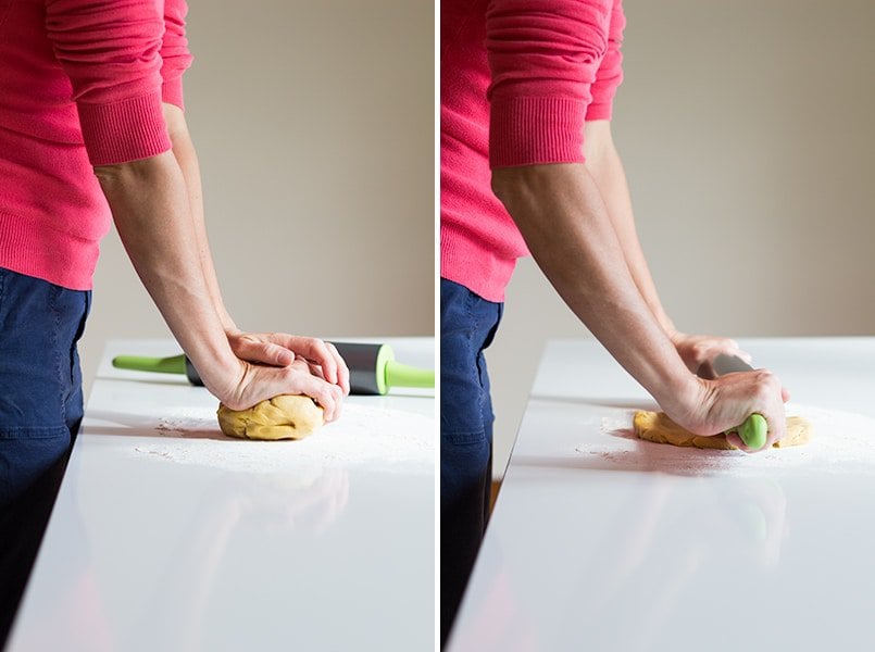 Left image: person kneading tart crust on the counter. Right image: person flattening tart crust with a rolling pin on counter.