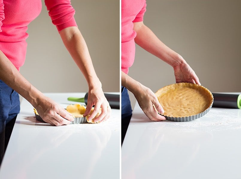 Left image: person pressing tart crust on mold. Right image: person showing mold with finished crust.