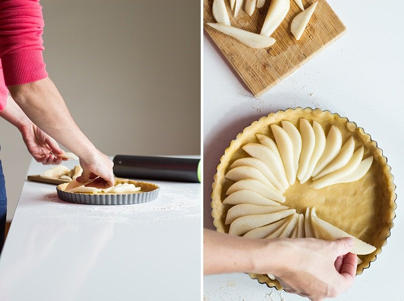 Left image: person placing pear slices on mold. Right image: top view of hands placing pear slices on mold with crust.