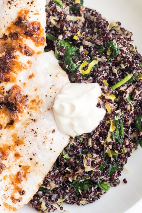 Close up of Haddock with Black Quinoa and creme fraiche viewed from the top.