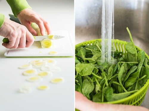 Left: hands slicing a leek on a white chopping board. Right: baby spinach in a strainer basket being washed under running water.