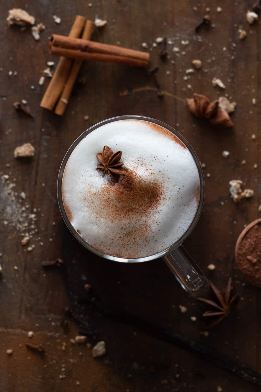 Mexican Hot Chocolate shown from above surrounded by spices