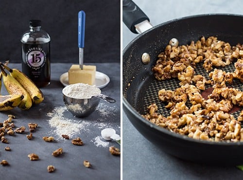 Left: ingredients for Banana Bread with Maple Candied Walnuts. Right: chopped walnuts in a frying pan.