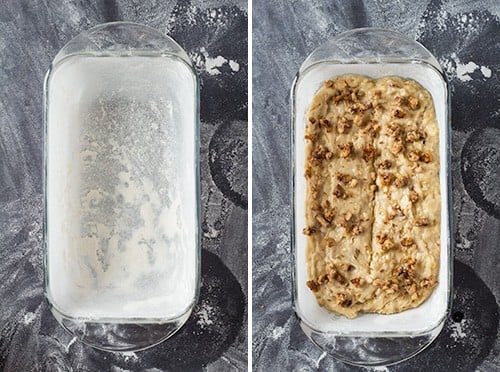 Left: greased and floured baking pan. Right: dough for Banana Bread in the baking pan topped with chopped walnuts.