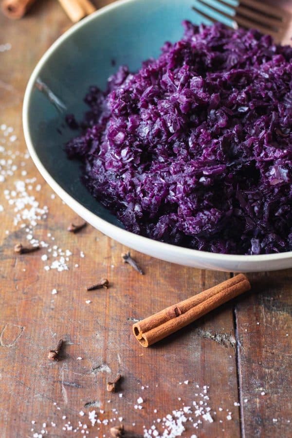 Braised Red Cabbage with Apple in a blue bowl