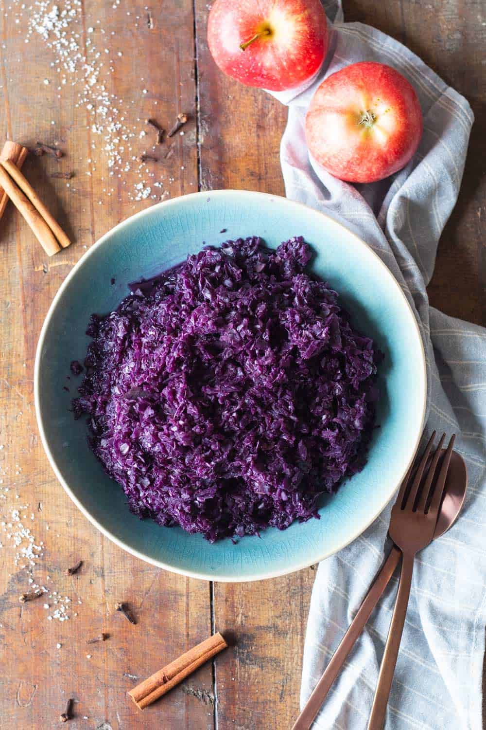 Braised Red Cabbage in a blue bowl