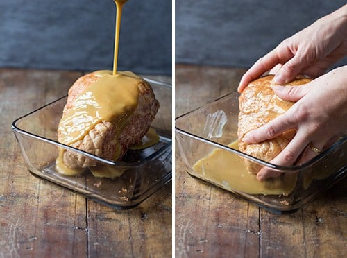 Left: ham in a glass dish with gravy pouring from the top. Right: hands spreading gravy on the ham.