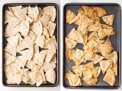 Left: raw tortilla triangles on a baking sheet. Right: baked tortilla triangles on a baking sheet.