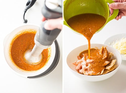 Left: red salsa mixed with a hand blender. Right: red salsa being poured over a bowl with shrimps and baked tortillas.