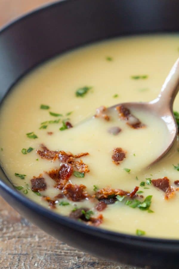 Potato Leek Soup Closeup of texture and crispy bacon