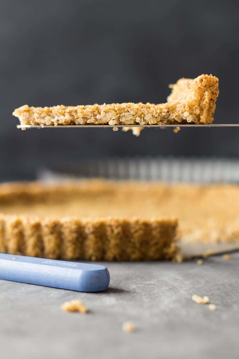 Close up of a slice of gluten free quinoa pizza crust recipe.