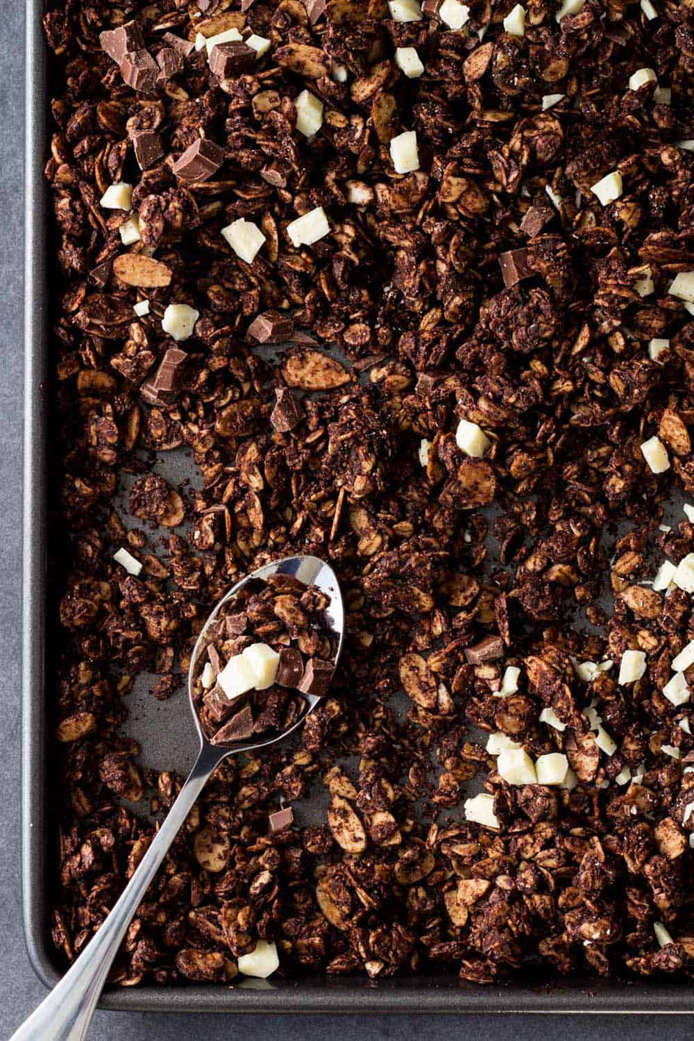 Chocolate Granola on a baking sheet