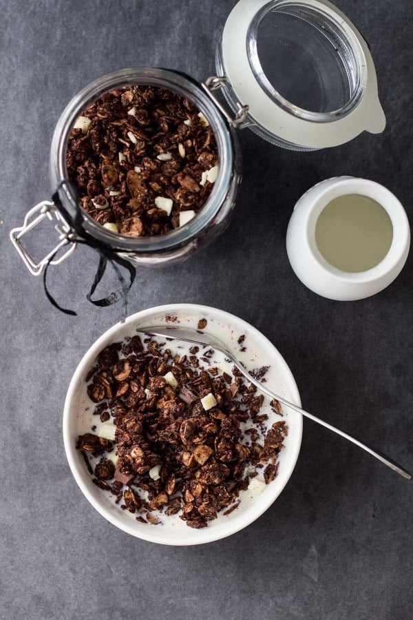 Chocolate Granola in bowl and jar