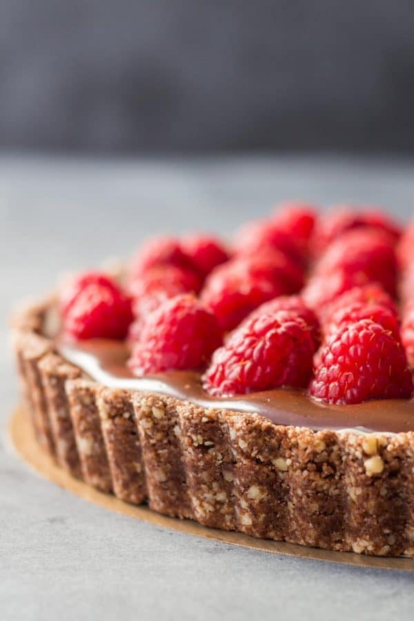 chocolate raspberry tart texture closeup.