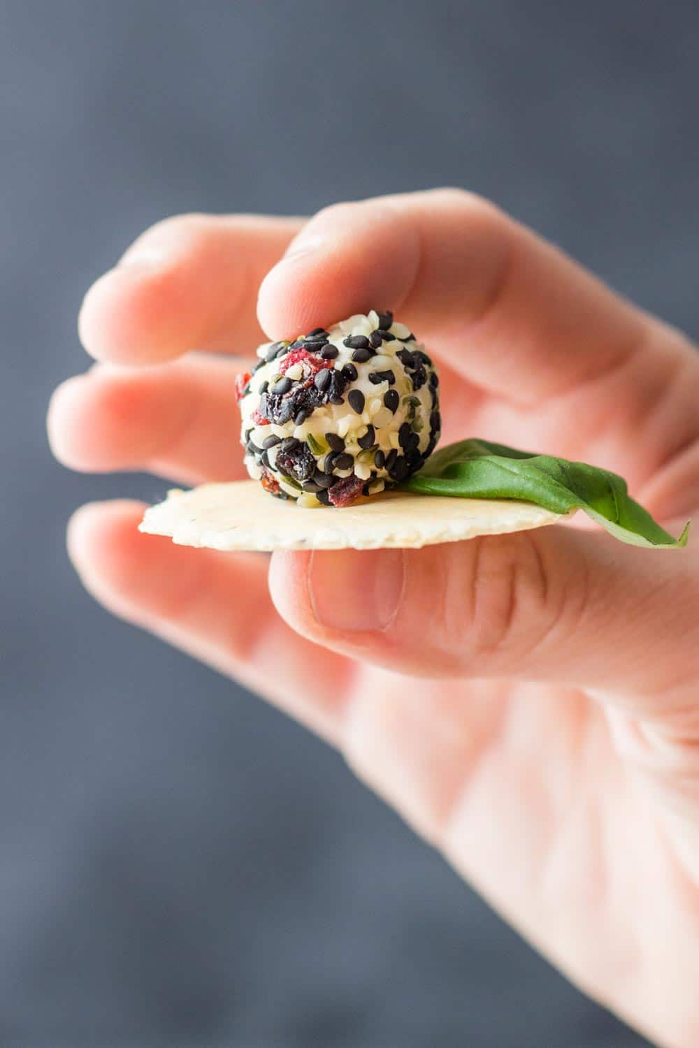 Close up of a hand holding a Goat Cheese Appetizer to show texture.