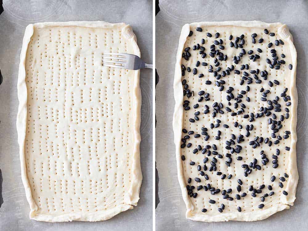 Left: raw pastry puff on parchment paper with holes punched with a fork. Right: same pastry puff with raw beans laid out on top.