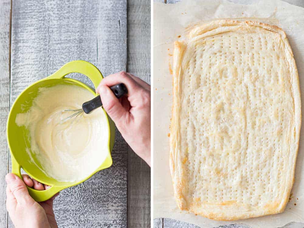 Left: cream cheese mix being mixed in a bowl with a whisker. Right: baked pastry puff on parchment paper.