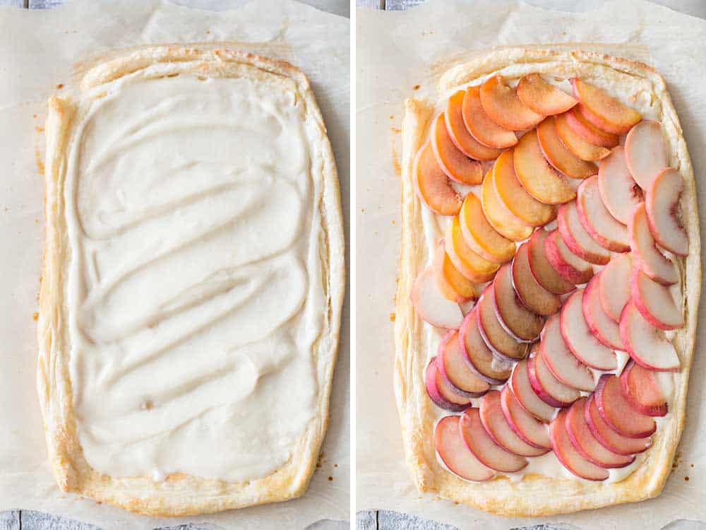 Left: cream cheese mix spread over pastry puff. Right: peach slices spread on top of cream cheese mix.