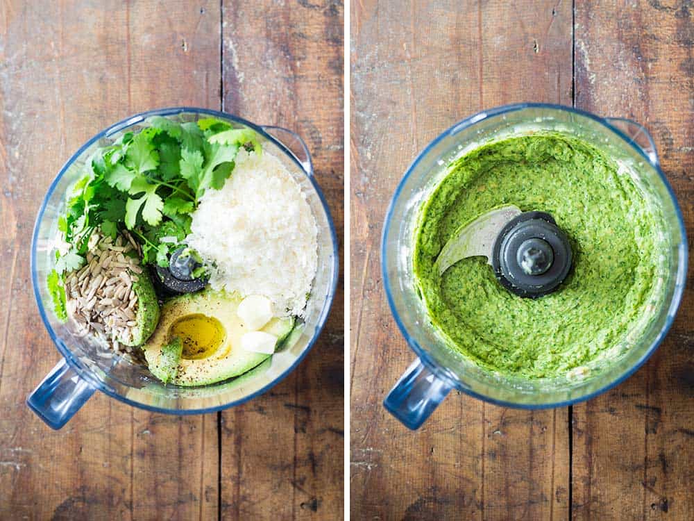 Left: raw ingredients for Cilantro Pesto in a food processor. Right: blended ingredients in the food processor.