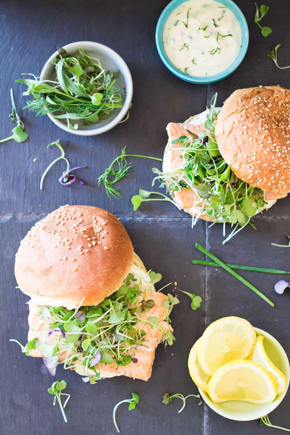 Salmon Burgers with Herb Mayonnaise and micro greens