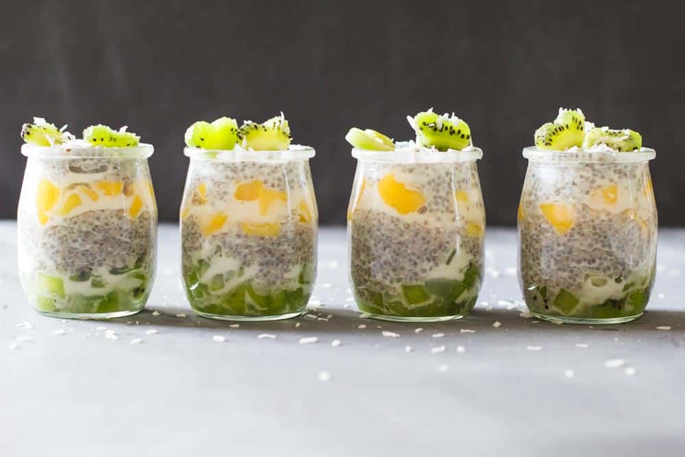 Four jars of Tropical Chia Pudding.