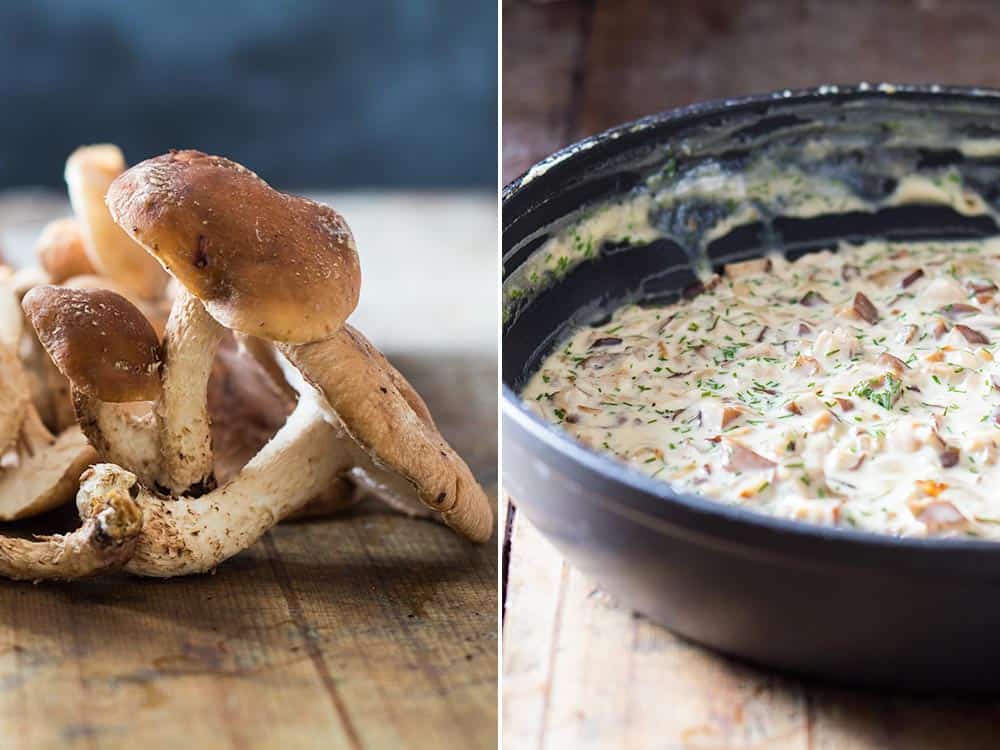 Left: Shiitake mushrooms. Right: Shiitake mushroom sauce in a black bowl.