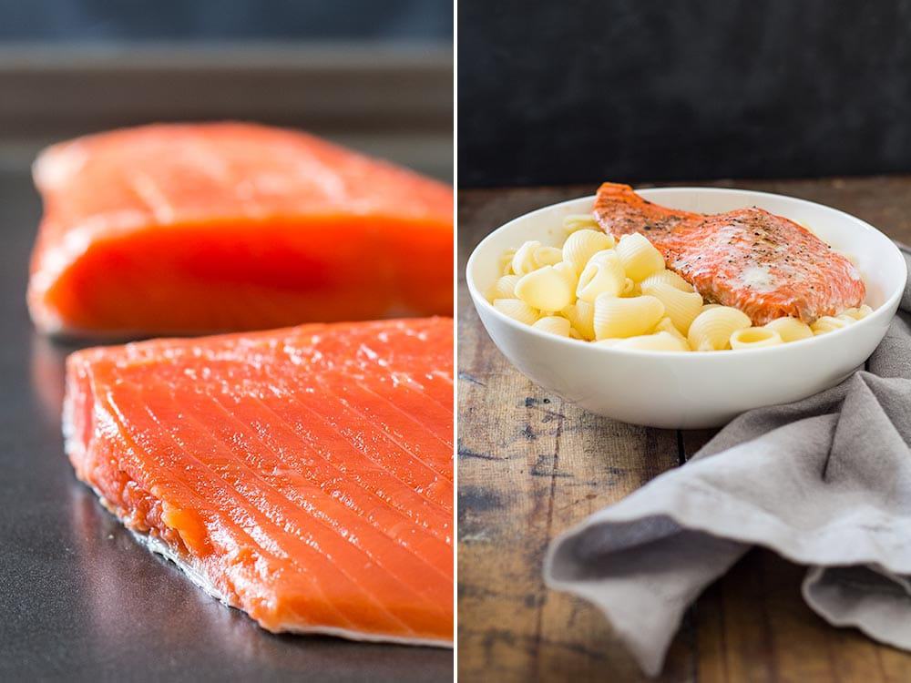 Left: fresh Sockeye salmon filets. Right: cooked Sockeye salmon filet with pasta in a white bowl.