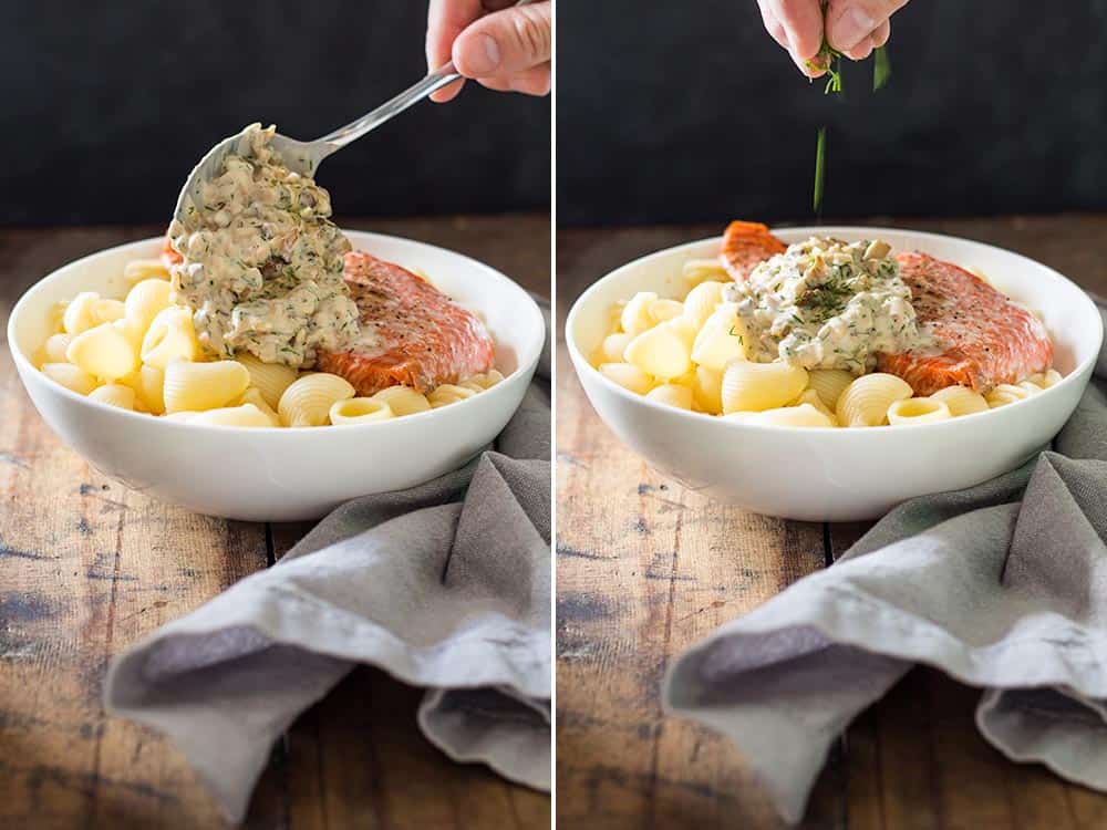 Left: spoon topping Sockeye Salmon Pasta with Shiitake mushroom sauce. Right: hand garnishing the bowl with fresh dill.