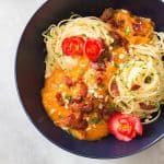 Bowl of spaghetti with Butternut Squash Pasta Sauce with Bacon.