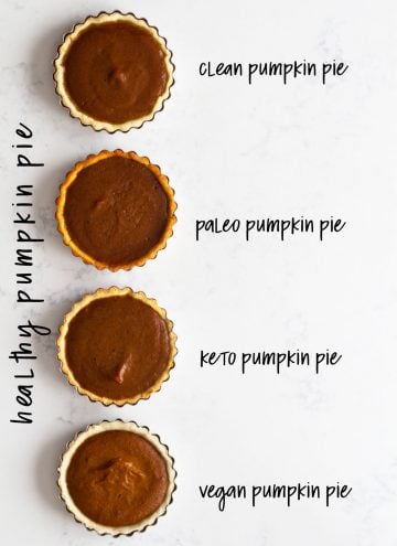 Four pumpkin pies with text overlay: clean, paleo, keto, and vegan.