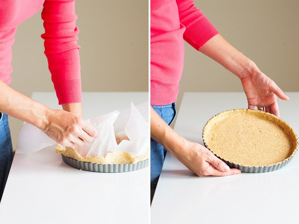 Left image: hands flattening tart crust in baking pan. Right image: hands showing finished flattened tart crust in baking pan. 