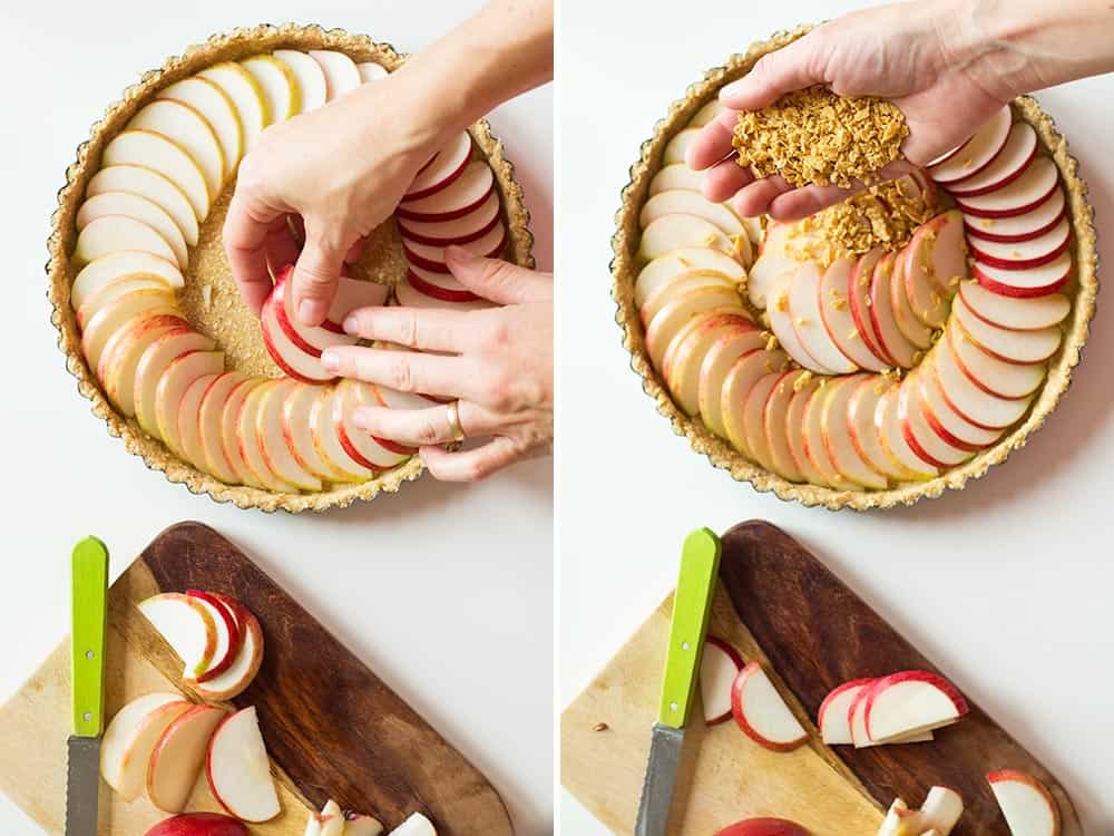 Left image: hands spreading apple slices in crusted baking pan. Right image: hands spreading maple flakes over apple slices. 