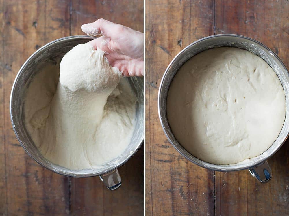 Before and after photo of first 45-minute rise of apple yeast bread dough. 
