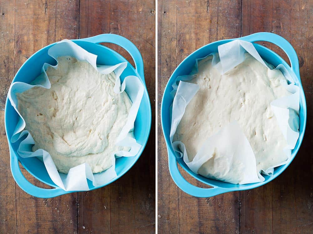 Before and after photo of second 45-minute rise of apple yeast bread dough. 